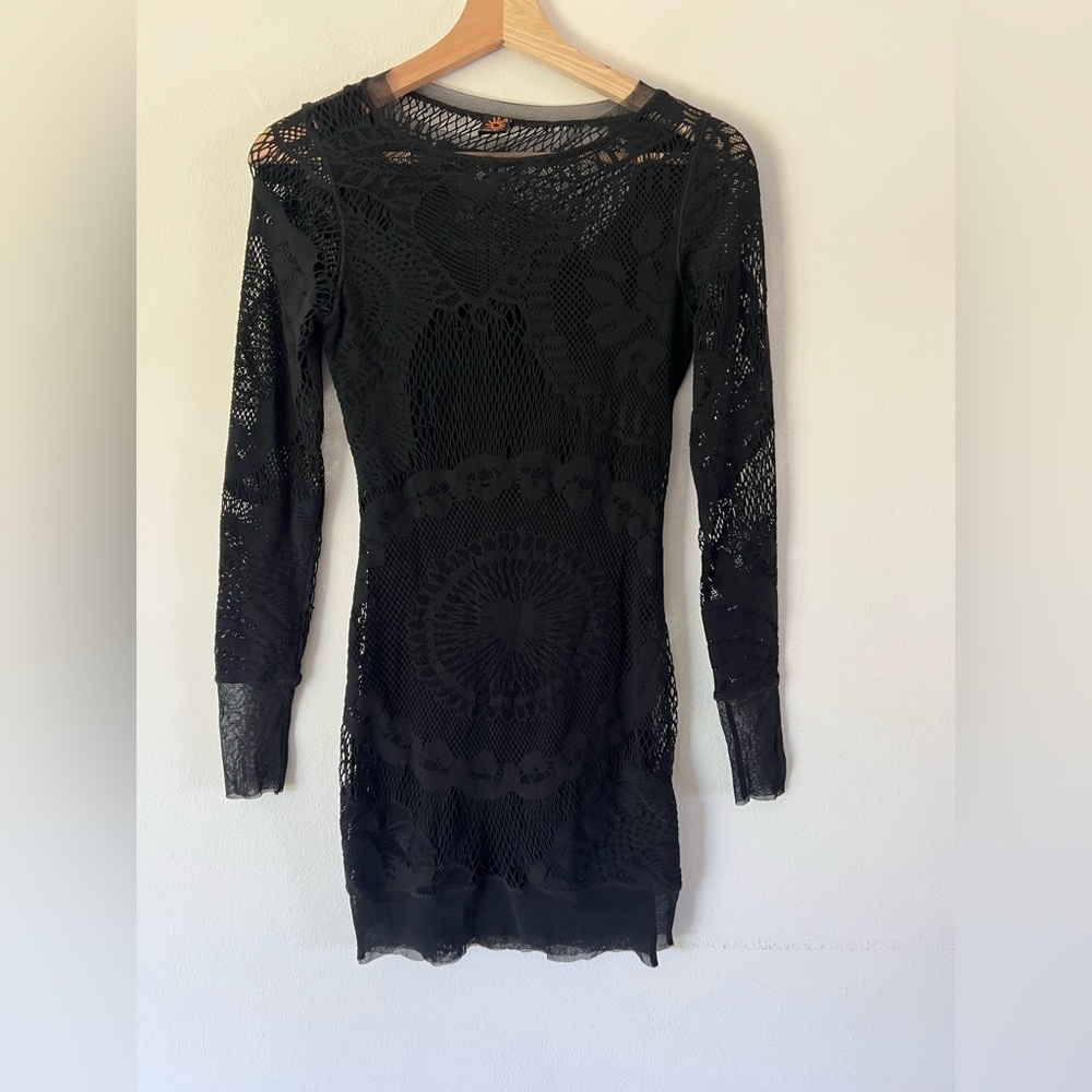 Jean Paul Gaultier Soleil Sheer Black Lace Long Sleeve Vintage Cutout Mini Dress